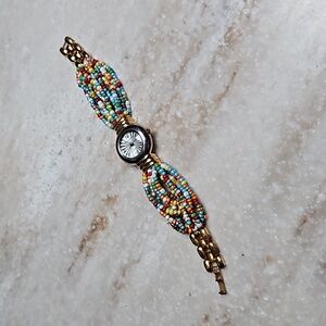 😍Beaded Band Gold Tone Fashion Watch😍